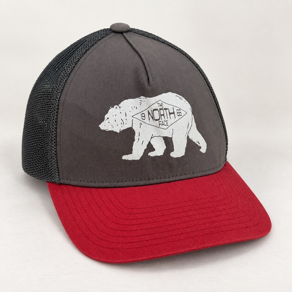 The North Face Gorpcore Bear Logo Trucker Hat Unisex OSFM Grey Red Outdoorsy